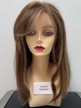 Human Hair Handtied Lace Wig, brown with sun streaked highlights